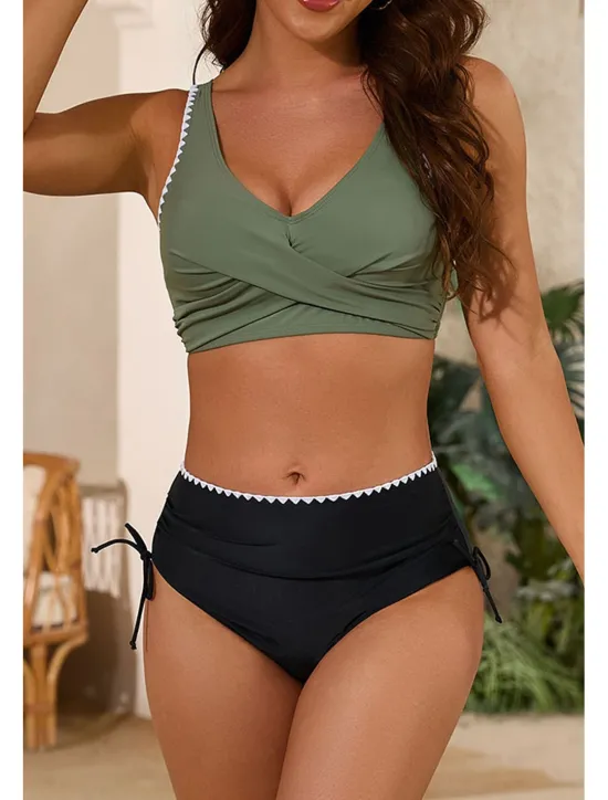 Clearance Women's Swimwear Bikini 2 Piece Swimsuit Ruched Backless Tropical Beach Wear Color Block U Neck Sleeveless Bathing Suits Women Bikinis