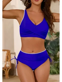 Clearance Women's Swimwear Bikini 2 Piece Swimsuit Ruched Backless Tropical Beach Wear Color Block U Neck Sleeveless Bathing Suits Women Bikinis
