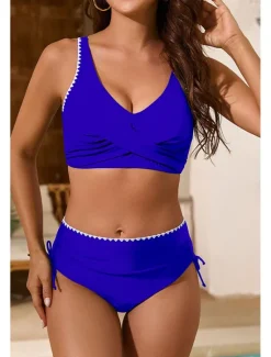 Clearance Women's Swimwear Bikini 2 Piece Swimsuit Ruched Backless Tropical Beach Wear Color Block U Neck Sleeveless Bathing Suits Women Bikinis