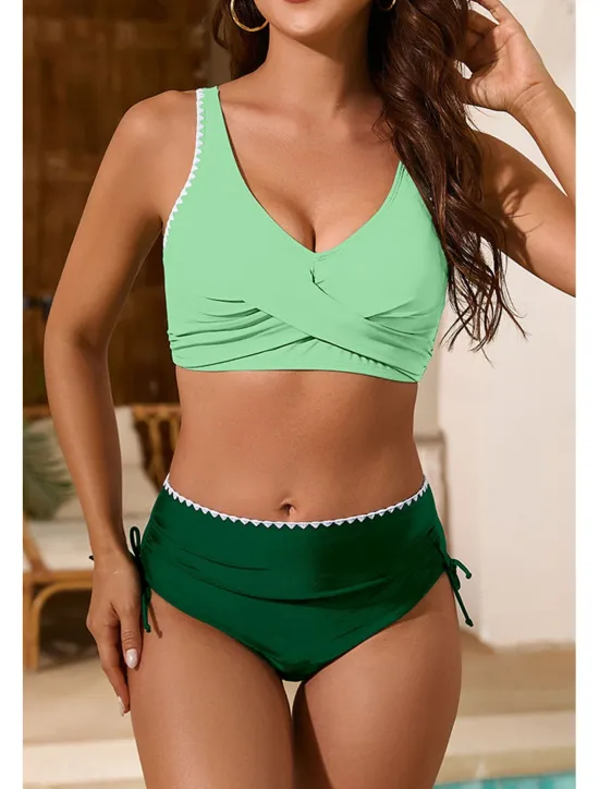 Clearance Women's Swimwear Bikini 2 Piece Swimsuit Ruched Backless Tropical Beach Wear Color Block U Neck Sleeveless Bathing Suits Women Bikinis