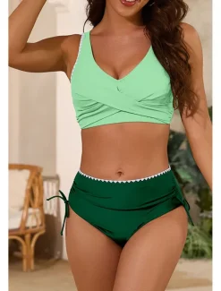 Clearance Women's Swimwear Bikini 2 Piece Swimsuit Ruched Backless Tropical Beach Wear Color Block U Neck Sleeveless Bathing Suits Women Bikinis