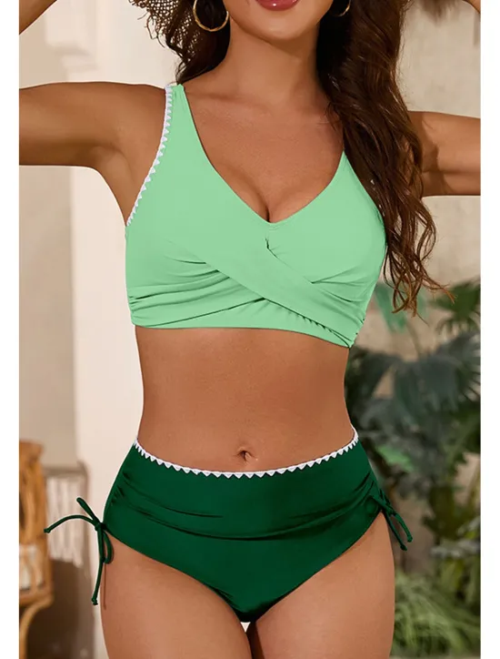 Clearance Women's Swimwear Bikini 2 Piece Swimsuit Ruched Backless Tropical Beach Wear Color Block U Neck Sleeveless Bathing Suits Women Bikinis