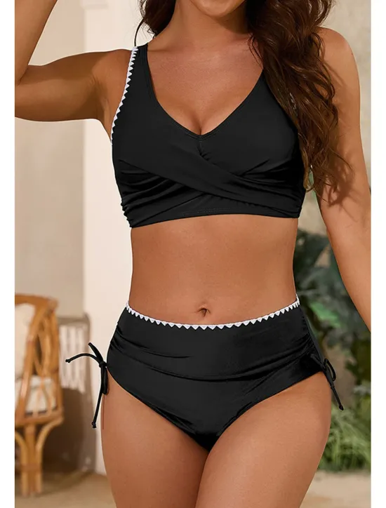 Clearance Women's Swimwear Bikini 2 Piece Swimsuit Ruched Backless Tropical Beach Wear Color Block U Neck Sleeveless Bathing Suits Women Bikinis