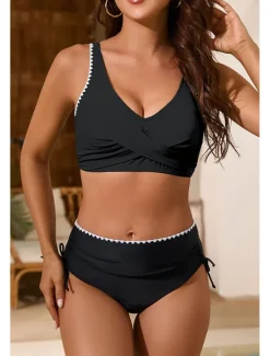Clearance Women's Swimwear Bikini 2 Piece Swimsuit Ruched Backless Tropical Beach Wear Color Block U Neck Sleeveless Bathing Suits Women Bikinis