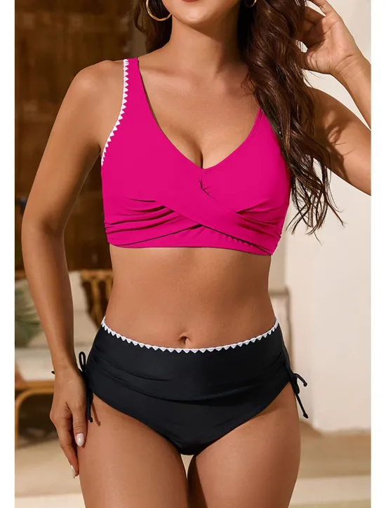 Clearance Women's Swimwear Bikini 2 Piece Swimsuit Ruched Backless Tropical Beach Wear Color Block U Neck Sleeveless Bathing Suits Women Bikinis