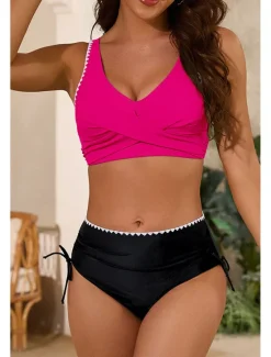 Clearance Women's Swimwear Bikini 2 Piece Swimsuit Ruched Backless Tropical Beach Wear Color Block U Neck Sleeveless Bathing Suits Women Bikinis