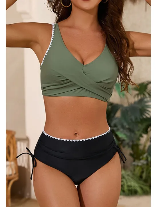 Clearance Women's Swimwear Bikini 2 Piece Swimsuit Ruched Backless Tropical Beach Wear Color Block U Neck Sleeveless Bathing Suits Women Bikinis