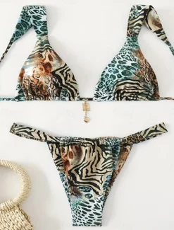 Sale Women's Swimwear Bikini 2 Piece Thong Swimsuit Backless Slim Vacation Beach Wear Leopard V Neck Sleeveless Bathing Suits Women Leopard Swimwear|Bikinis