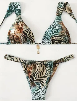 Sale Women's Swimwear Bikini 2 Piece Thong Swimsuit Backless Slim Vacation Beach Wear Leopard V Neck Sleeveless Bathing Suits Women Leopard Swimwear|Bikinis