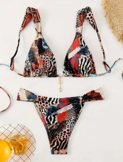 Sale Women's Swimwear Bikini 2 Piece Thong Swimsuit Backless Slim Vacation Beach Wear Leopard V Neck Sleeveless Bathing Suits Women Leopard Swimwear|Bikinis