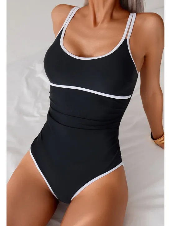 Women's Swimwear Bikini 2 Piece Swimsuit Backless Patchwork Tropical Beach Wear Color Block U Neck Sleeveless Bathing Suits Women Bikinis