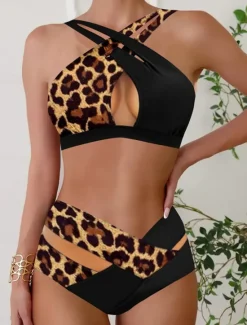 Best Women's Swimwear Bikini 2 Piece Briefs Swimsuit Backless Cut Out Slim High Waisted Vacation Beach Wear Leopard V Neck Sleeveless Bathing Suits Women Bikinis|Leopard Swimwear