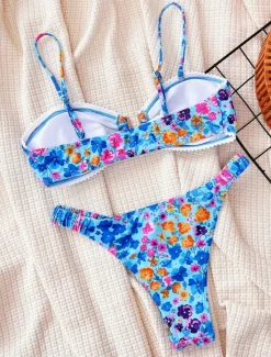 New Women's Swimwear Bikini 2 Piece Cheeky Swimsuit Backless Slim Vacation Beach Wear Floral V Neck Sleeveless Bathing Suits Women Bikinis
