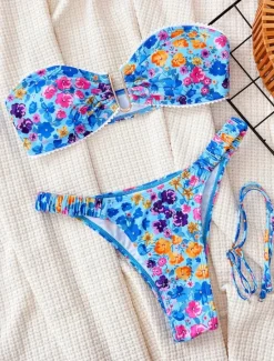 New Women's Swimwear Bikini 2 Piece Cheeky Swimsuit Backless Slim Vacation Beach Wear Floral V Neck Sleeveless Bathing Suits Women Bikinis