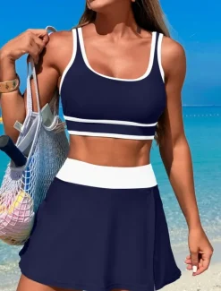 Outlet Women's Swimwear Bikini 2 Piece Skirt Swimsuit Backless Slim Vacation Beach Wear Solid Color U Neck Sleeveless Bathing Suits Women Bikinis