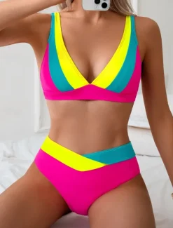 Discount Women's Swimwear Bikini 2 Piece Cheeky Swimsuit Backless Slim Vacation Beach Wear Stripe V Neck Sleeveless Bathing Suits Women Bikinis|Colorful Swimwear