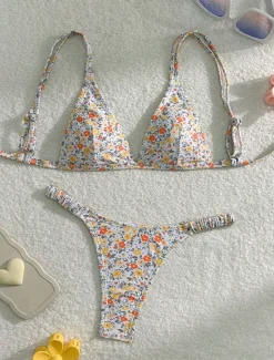 Hot Women's Swimwear Bikini 2 Piece Thong Swimsuit Backless Slim Vacation Beach Wear Floral V Neck Sleeveless Bathing Suits Women Leopard Swimwear