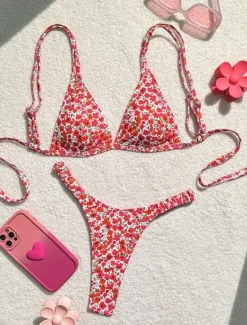 Hot Women's Swimwear Bikini 2 Piece Thong Swimsuit Backless Slim Vacation Beach Wear Floral V Neck Sleeveless Bathing Suits Women Leopard Swimwear
