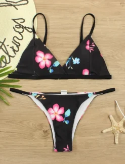 Clearance Women's Swimwear Bikini 2 Piece Thong Swimsuit Backless Slim Vacation Beach Wear Floral Halter Neck Sleeveless Bathing Suits Women Bikinis
