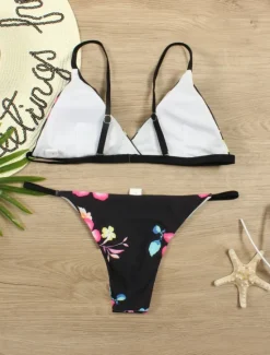 Clearance Women's Swimwear Bikini 2 Piece Thong Swimsuit Backless Slim Vacation Beach Wear Floral Halter Neck Sleeveless Bathing Suits Women Bikinis