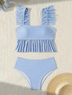 Discount Women's Swimwear Bikini 2 Piece Briefs Swimsuit Backless Slim High Waisted Vacation Beach Wear Stripe Sleeveless Bathing Suits Women Bikinis
