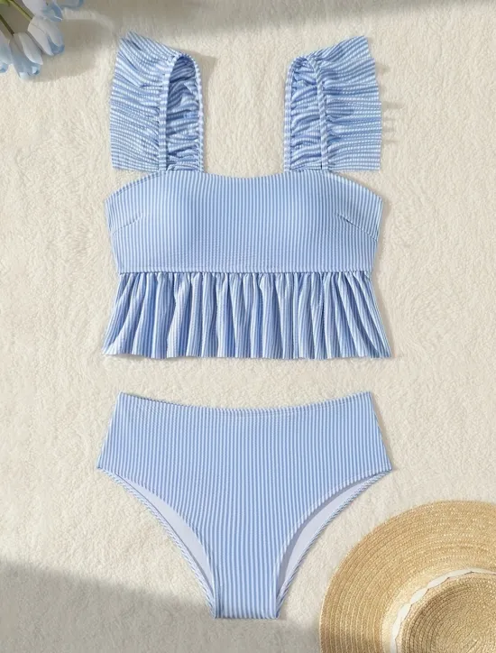 Discount Women's Swimwear Bikini 2 Piece Briefs Swimsuit Backless Slim High Waisted Vacation Beach Wear Stripe Sleeveless Bathing Suits Women Bikinis