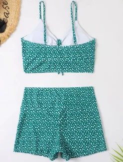 Clearance Women's Swimwear Bikini 2 Piece Boy Leg Swimsuit Backless Slim Vacation Beach Wear Floral V Neck Sleeveless Bathing Suits Women Bikinis