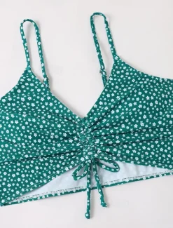 Clearance Women's Swimwear Bikini 2 Piece Boy Leg Swimsuit Backless Slim Vacation Beach Wear Floral V Neck Sleeveless Bathing Suits Women Bikinis