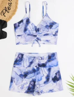 Clearance Women's Swimwear Bikini 2 Piece Boy Leg Swimsuit Backless Slim Vacation Beach Wear Floral V Neck Sleeveless Bathing Suits Women Bikinis
