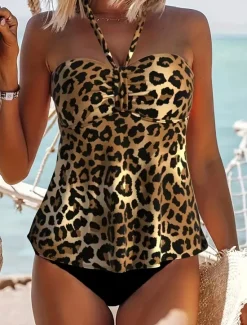 Hot Women's Swimwear Bikini 2 Piece Cheeky Swimsuit Backless Slim Vacation Beach Wear Halter Neck Sleeveless Bathing Suits Women Leopard Swimwear|Tankinis