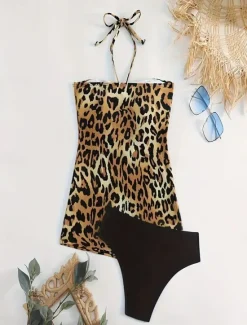 Hot Women's Swimwear Bikini 2 Piece Cheeky Swimsuit Backless Slim Vacation Beach Wear Halter Neck Sleeveless Bathing Suits Women Leopard Swimwear|Tankinis