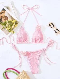 Discount Women's Swimwear Bikini 2 Piece Thong Swimsuit Backless Slim Vacation Beach Wear Solid Color Halter Neck Sleeveless Bathing Suits Women Bikinis