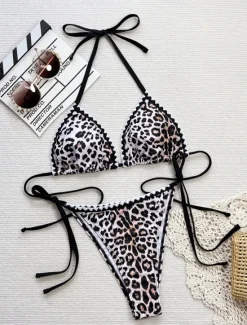 New Women's Swimwear Bikini 2 Piece Cheeky Swimsuit Backless Slim Vacation Beach Wear Halter Neck Sleeveless Bathing Suits Women Bikinis|Leopard Swimwear