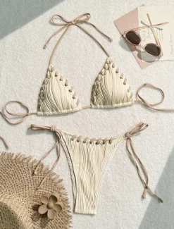 Women's Swimwear Bikini 2 Piece Thong Swimsuit Backless Slim Vacation Beach Wear Solid Color Halter Neck Sleeveless Bathing Suits Women Bikinis