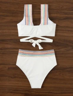New Women's Swimwear Bikini 2 Piece Briefs Swimsuit Backless Patchwork Slim Vacation Beach Wear Solid Color V Neck Sleeveless Bathing Suits Women Bikinis
