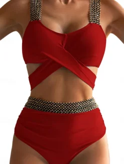 Sale Women's Swimwear Bikini 2 Piece Briefs Swimsuit Backless Patchwork Slim Vacation Beach Wear Solid Color V Neck Sleeveless Bathing Suits Women Bikinis