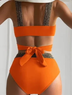 Sale Women's Swimwear Bikini 2 Piece Briefs Swimsuit Backless Patchwork Slim Vacation Beach Wear Solid Color V Neck Sleeveless Bathing Suits Women Bikinis