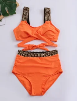 Sale Women's Swimwear Bikini 2 Piece Briefs Swimsuit Backless Patchwork Slim Vacation Beach Wear Solid Color V Neck Sleeveless Bathing Suits Women Bikinis