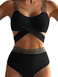 Sale Women's Swimwear Bikini 2 Piece Briefs Swimsuit Backless Patchwork Slim Vacation Beach Wear Solid Color V Neck Sleeveless Bathing Suits Women Bikinis