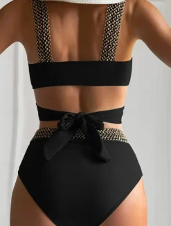Sale Women's Swimwear Bikini 2 Piece Briefs Swimsuit Backless Patchwork Slim Vacation Beach Wear Solid Color V Neck Sleeveless Bathing Suits Women Bikinis