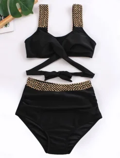 Sale Women's Swimwear Bikini 2 Piece Briefs Swimsuit Backless Patchwork Slim Vacation Beach Wear Solid Color V Neck Sleeveless Bathing Suits Women Bikinis