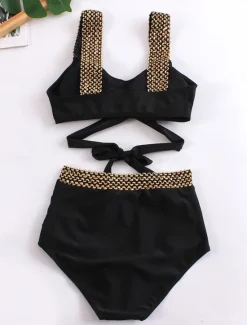 Sale Women's Swimwear Bikini 2 Piece Briefs Swimsuit Backless Patchwork Slim Vacation Beach Wear Solid Color V Neck Sleeveless Bathing Suits Women Bikinis