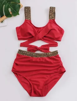 Sale Women's Swimwear Bikini 2 Piece Briefs Swimsuit Backless Patchwork Slim Vacation Beach Wear Solid Color V Neck Sleeveless Bathing Suits Women Bikinis
