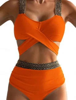 Sale Women's Swimwear Bikini 2 Piece Briefs Swimsuit Backless Patchwork Slim Vacation Beach Wear Solid Color V Neck Sleeveless Bathing Suits Women Bikinis