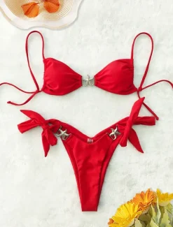 Women's Swimwear Bikini 2 Piece Thong Swimsuit Backless Slim Vacation Beach Wear Solid Color V Neck Sleeveless Bathing Suits Women Bikinis