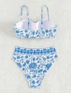 Best Women's Swimwear Bikini 2 Piece Briefs Swimsuit Backless Slim Vacation Beach Wear Floral V Neck Sleeveless Bathing Suits Women Bikinis