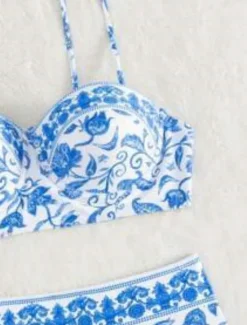 Best Women's Swimwear Bikini 2 Piece Briefs Swimsuit Backless Slim Vacation Beach Wear Floral V Neck Sleeveless Bathing Suits Women Bikinis