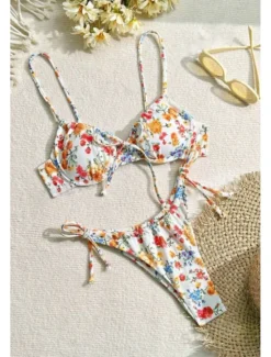 Best Women's Swimwear Bikini 2 Piece Swimsuit Backless Tropical Beach Wear Flower U Neck Sleeveless Bathing Suits Women Bikinis