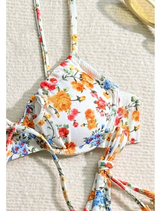 Best Women's Swimwear Bikini 2 Piece Swimsuit Backless Tropical Beach Wear Flower U Neck Sleeveless Bathing Suits Women Bikinis