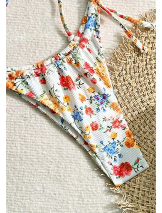 Best Women's Swimwear Bikini 2 Piece Swimsuit Backless Tropical Beach Wear Flower U Neck Sleeveless Bathing Suits Women Bikinis